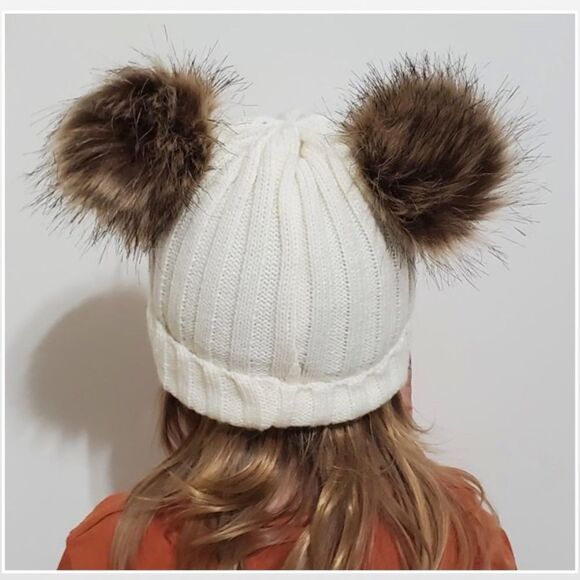 New Double Pompoms Beanie Hat Toddler Kid Cream Chunky Knit - Picture 6 of 14
